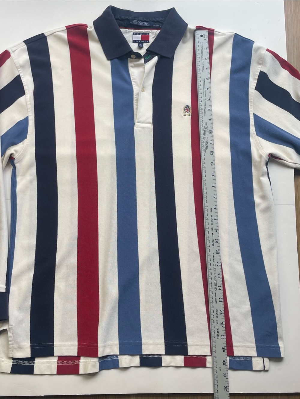 Vintage Tommy Hilfiger Long Sleeve Striped Polo Shirt XXL 90s Crest Heavy Cotton